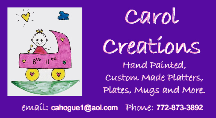 Carol Creations is the creator of hand-painted, custom crafted plates, platters, hot plates, mugs and more.  Carol Creations starts with high quality porcelain dinner and tableware that is then hand-painted.  After painting, each item is oven fired for durability.  Each figure is customized to resemble family members or friends with hair color and style, and other distinguishing characteristics.  Carol Creations custom painting makes these truly special and unique gifts for holidays, baby showers, weddings, birthdays . . . gifts for someone special anytime.  