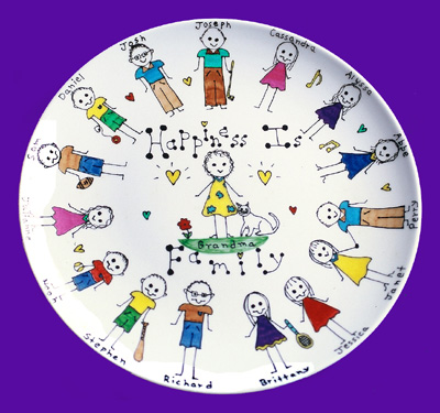 Family Celebration Plate - Carol Creations is the creator of hand-painted, custom crafted plates, platters, hot plates, mugs and more.  Carol Creations starts with high quality porcelain dinner and tableware that is then hand-painted.  After painting, each item is oven fired for durability.  Each figure is customized to resemble family members or friends with hair color and style, and other distinguishing characteristics.  Carol Creations custom painting makes these truly special and unique gifts for holidays, baby showers, weddings, birthdays . . . gifts for someone special anytime.  